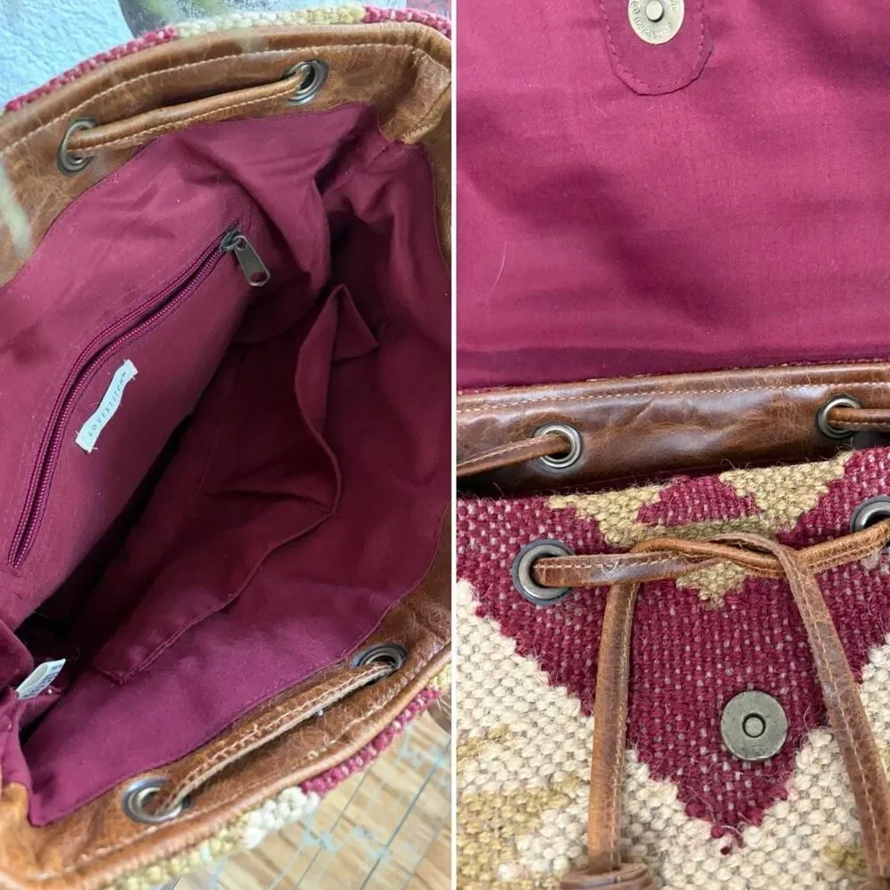 Lovestitch Wine Carpet Backpack Ikat Jute Leather Tassel Boho Festival Bag